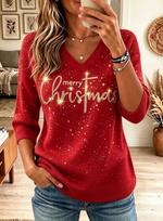 Women's Glitter Merry Christmas Cross V Neck Sweater