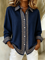 Women Casual Vintage Geometric Shirt Collar Long Sleeve Shirt