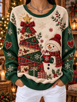 Festive Cozy Patchwork Christmas TreeSnowman Sweatshirt