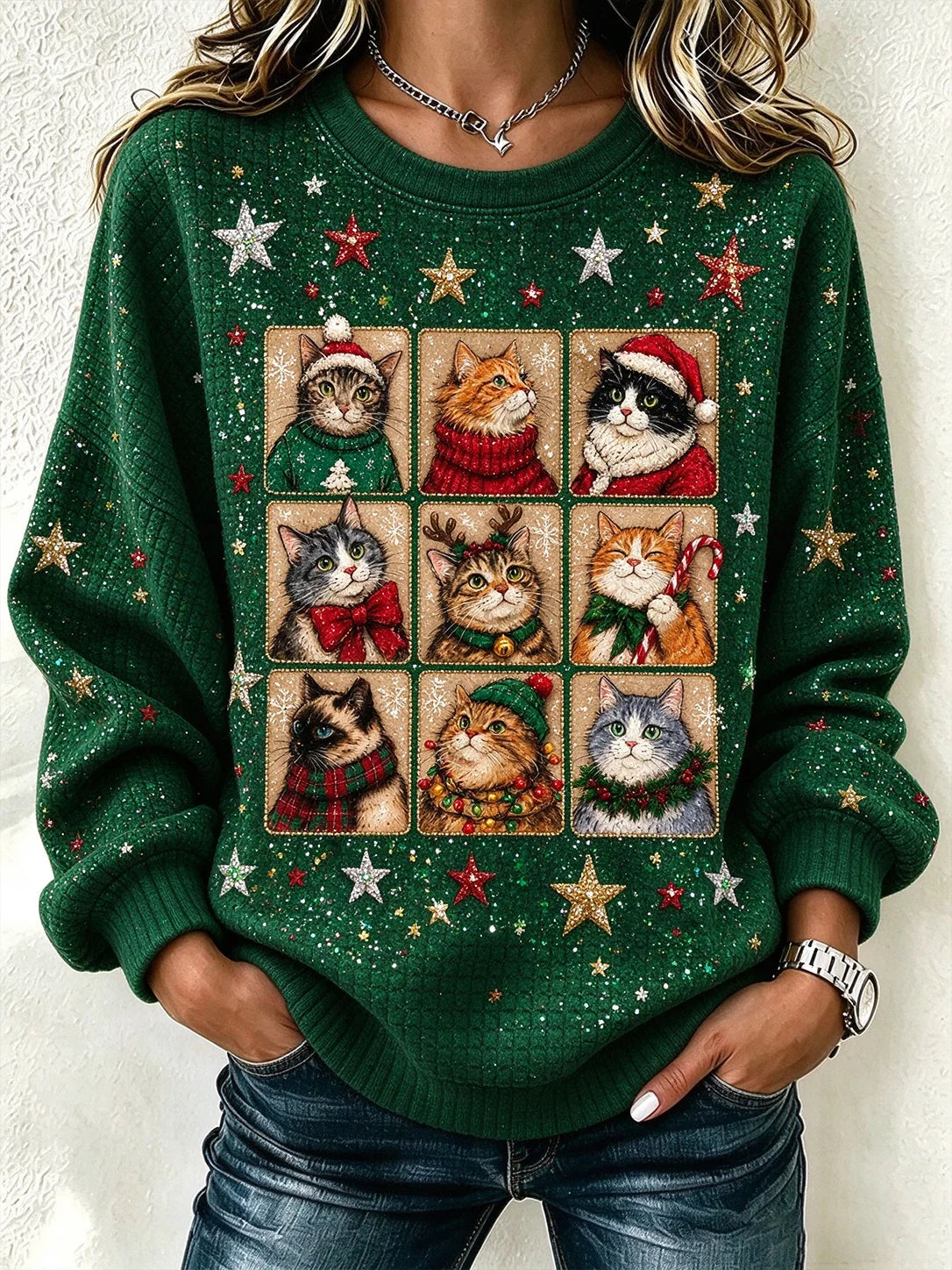 Unique Regular Fit Printing Cat Casual Christmas Sweatshirt