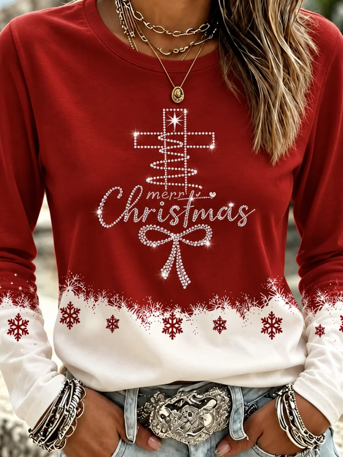 Women Christmas Sparkly Long Sleeve Tee Crew Neck Casual Spring/Fall Top