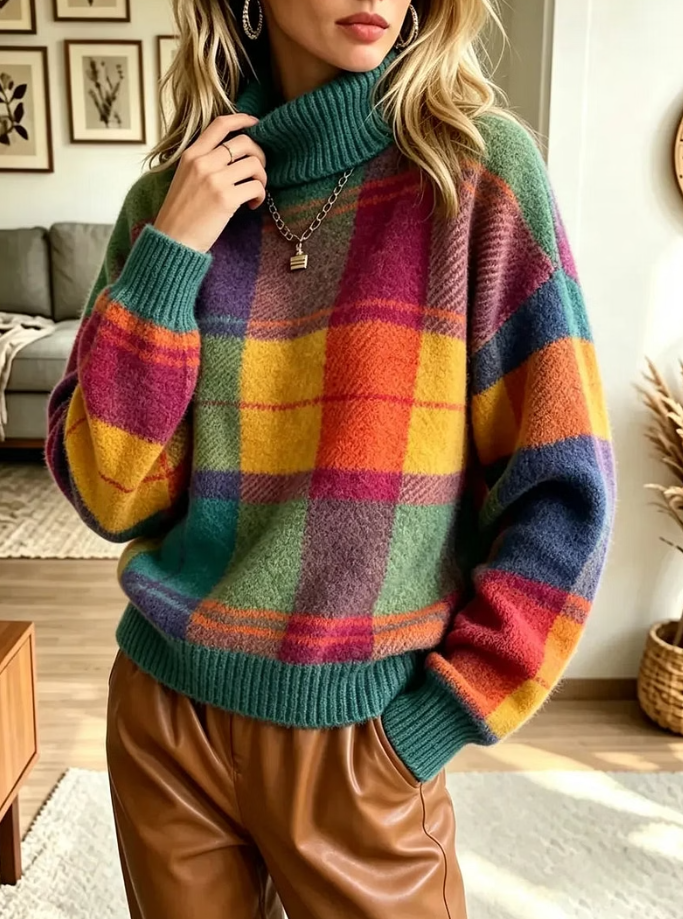 Retro Plaid Pattern Turtleneck Art Casual Stylish Long Sleeve Knit Sweater