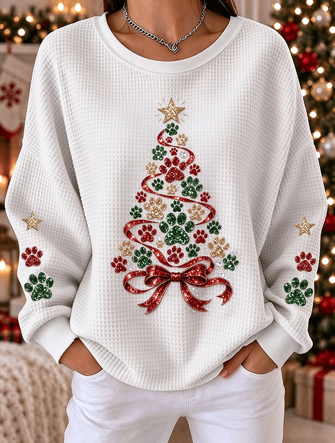 Women Animal Paw Christmas Tree Pattern Casual Crew Neck Sweatshirt