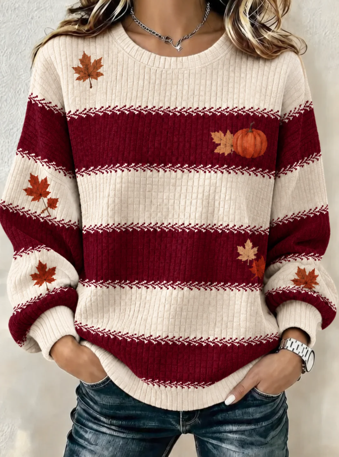 Women Striped Maple Leaf Crew Neck Casual Sweatshirt