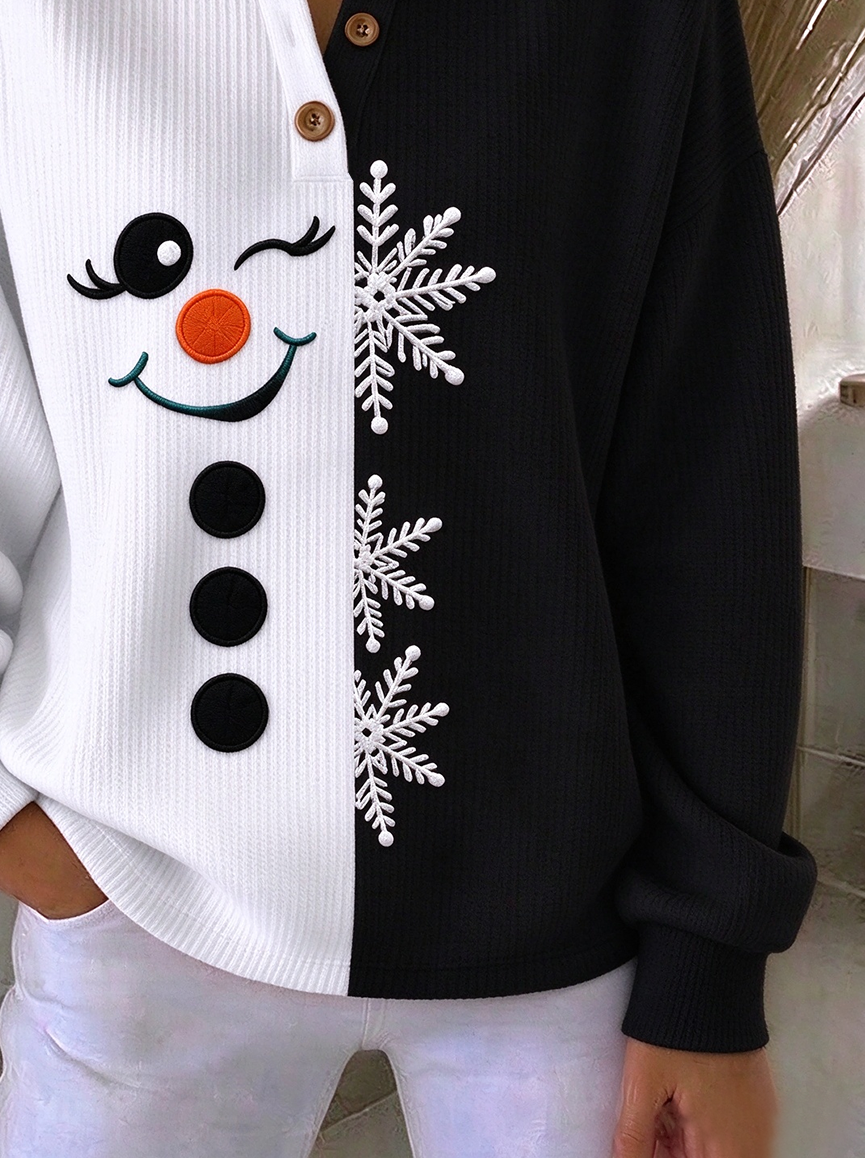 Vintage Christmas Snowman Henley Collar Long Sleeve Sweatshirt
