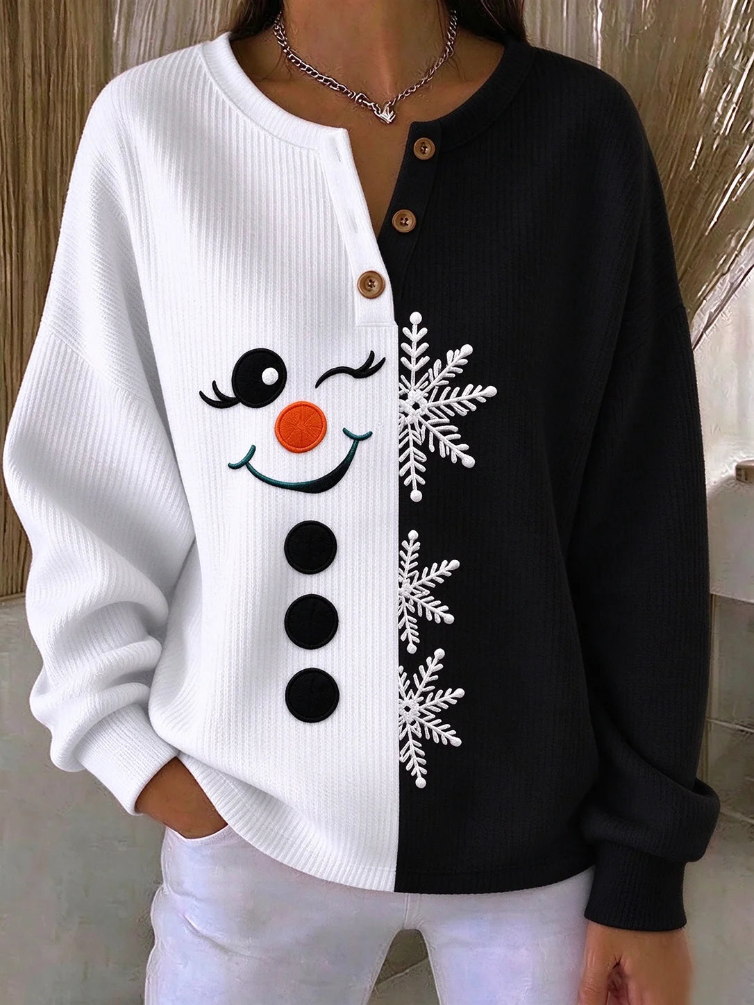 Vintage Christmas Snowman Henley Collar Long Sleeve Sweatshirt