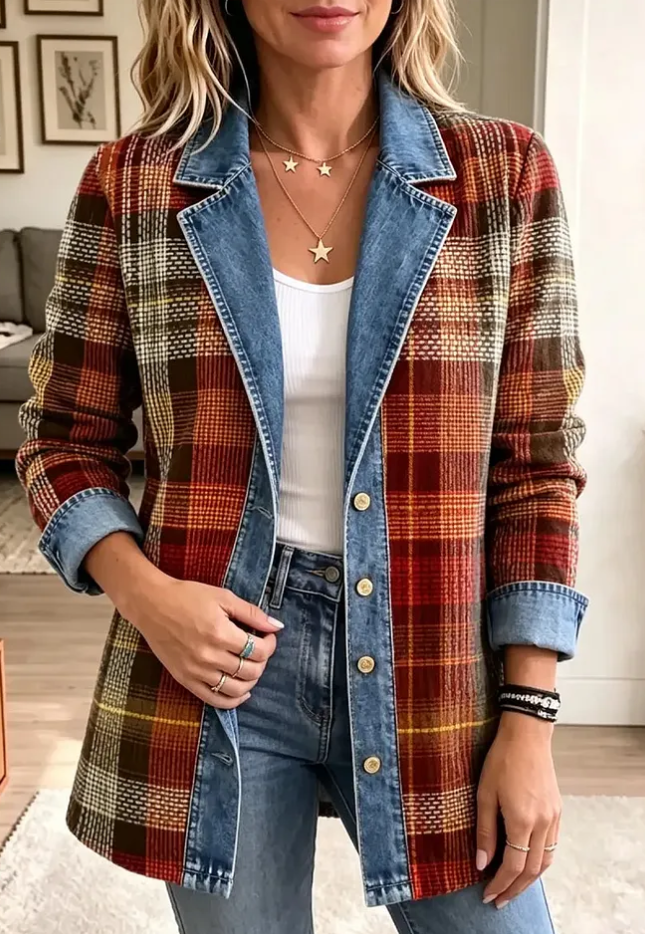Retro Plaid Pattern Edgy Art Casual Denim Patchwork Stylish Long Sleeve Coat