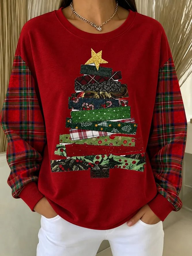 Women Creative Plaid Crew Neck Casual Spring Fall Long Sleeve Sweatshirt