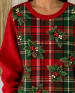 Women Festive Plaid Three Dimensional Crew Neck Spring Fall Long Sleeve Sweatshirt