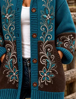 Women Wool Knit Floral Long Sleeve Comfy Casual Buckle Cardigan