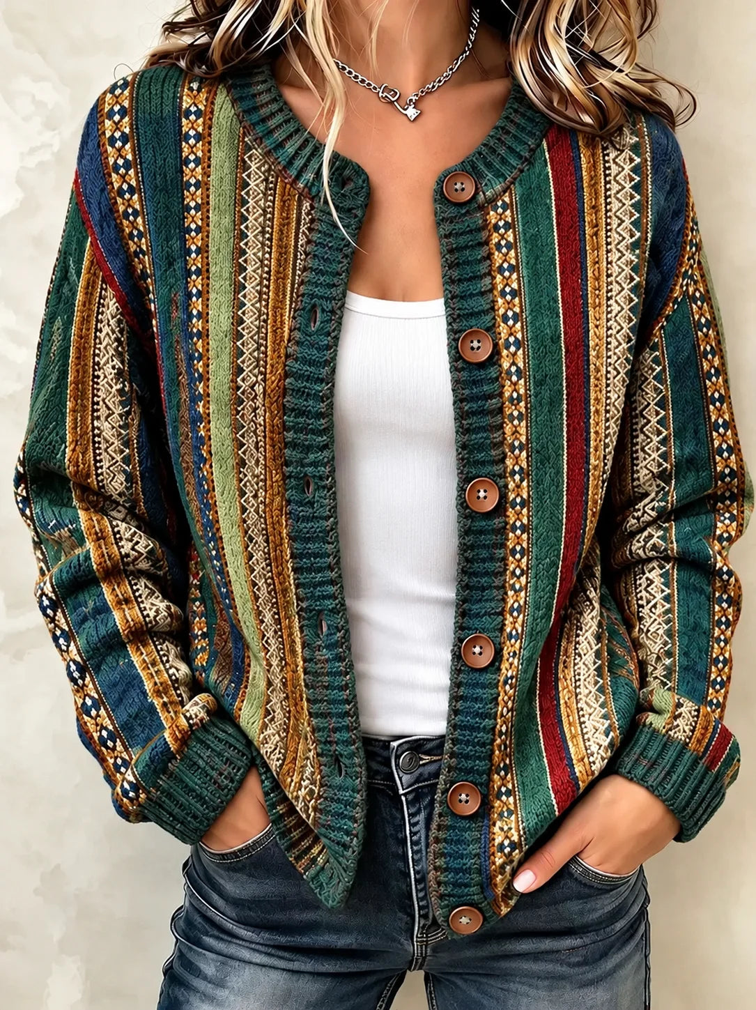 Women Geometric Long Sleeve Comfy Casual Printing Cardigan