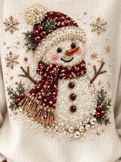 Casual Christmas Beaded Snowman Crew Neck Long Sleeve Sweatshirt