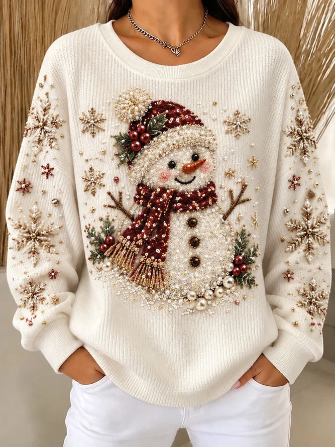 Casual Christmas Beaded Snowman Crew Neck Long Sleeve Sweatshirt