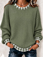Women Casual Plaid Trim Cable Texture Sweatshirt