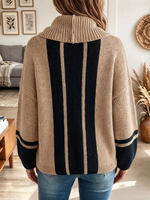 Women Color Block Striped Cowl Neck Knit Sweater