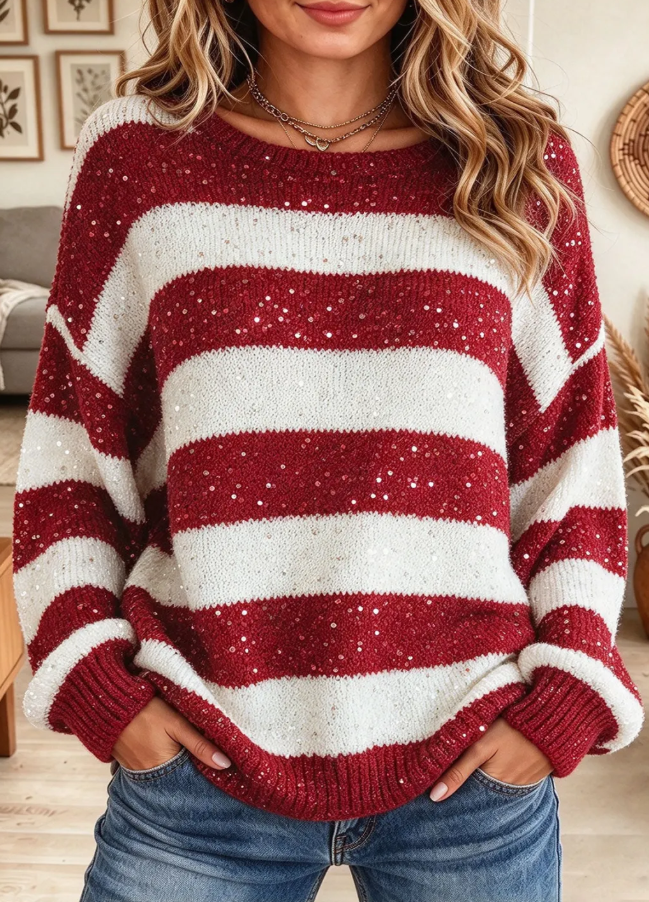 Women Striped Sequin Casual Knit Sweater