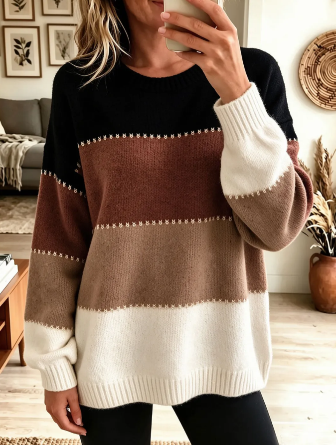 Women Color Block Striped Crew Neck Long Sleeve Knit Sweater