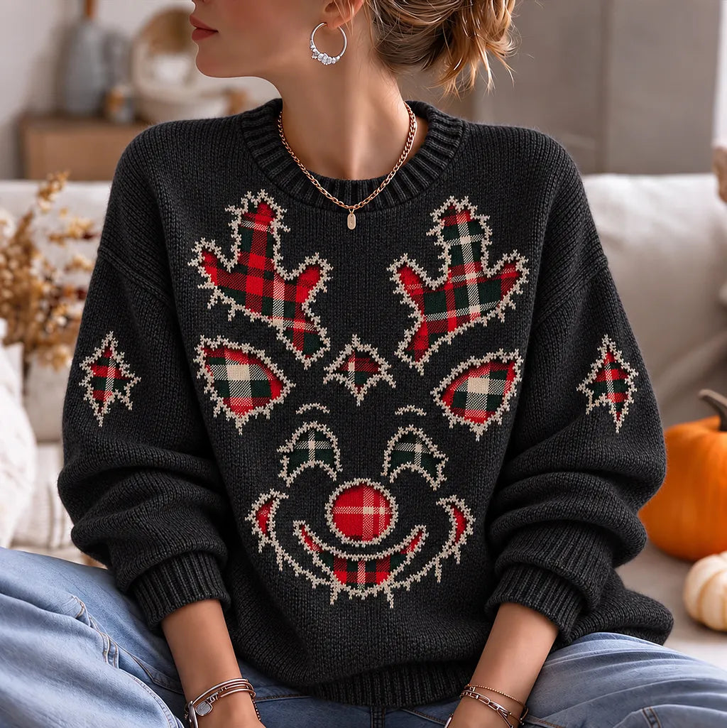 Retro Women's Christmas Reindeer Knit Jacquard Crew Neck Sweater