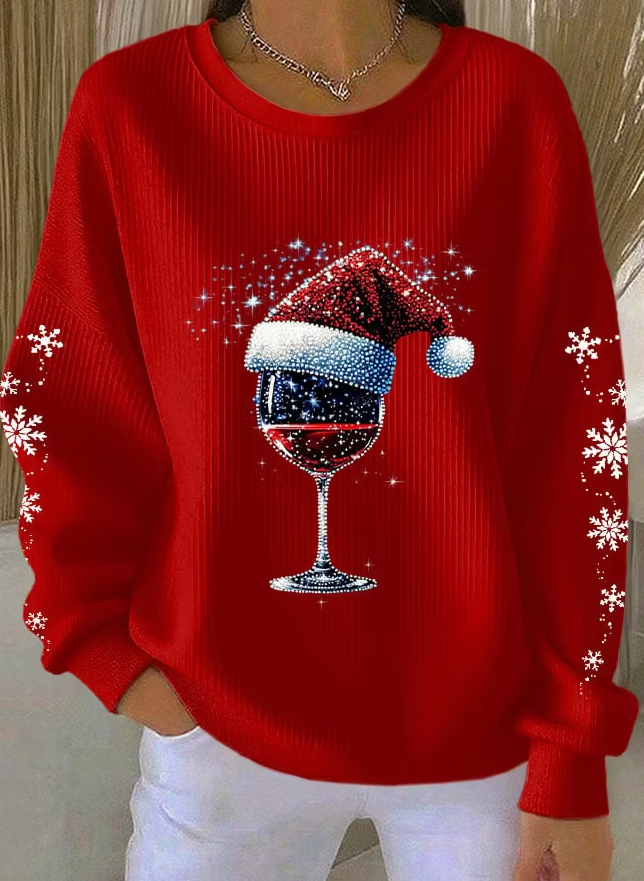 Women Christmas Wine Glass Snowflake Print Casual Sweatshirt