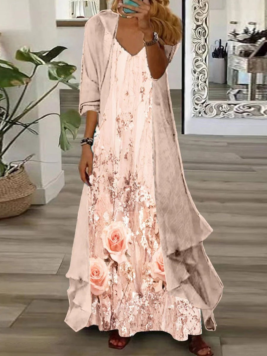 Floral Long Sleeve V-neck Two Pieces Maxi Dress