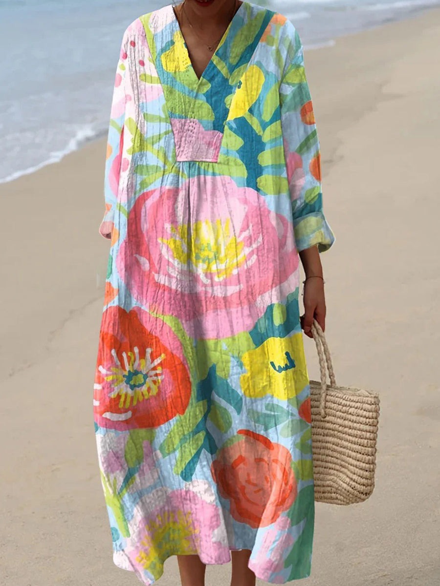 Elegant Flower V-neck Long Sleeves Maxi Dress