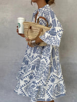 Blue V-neck 3/4 Sleeves Mini Dress