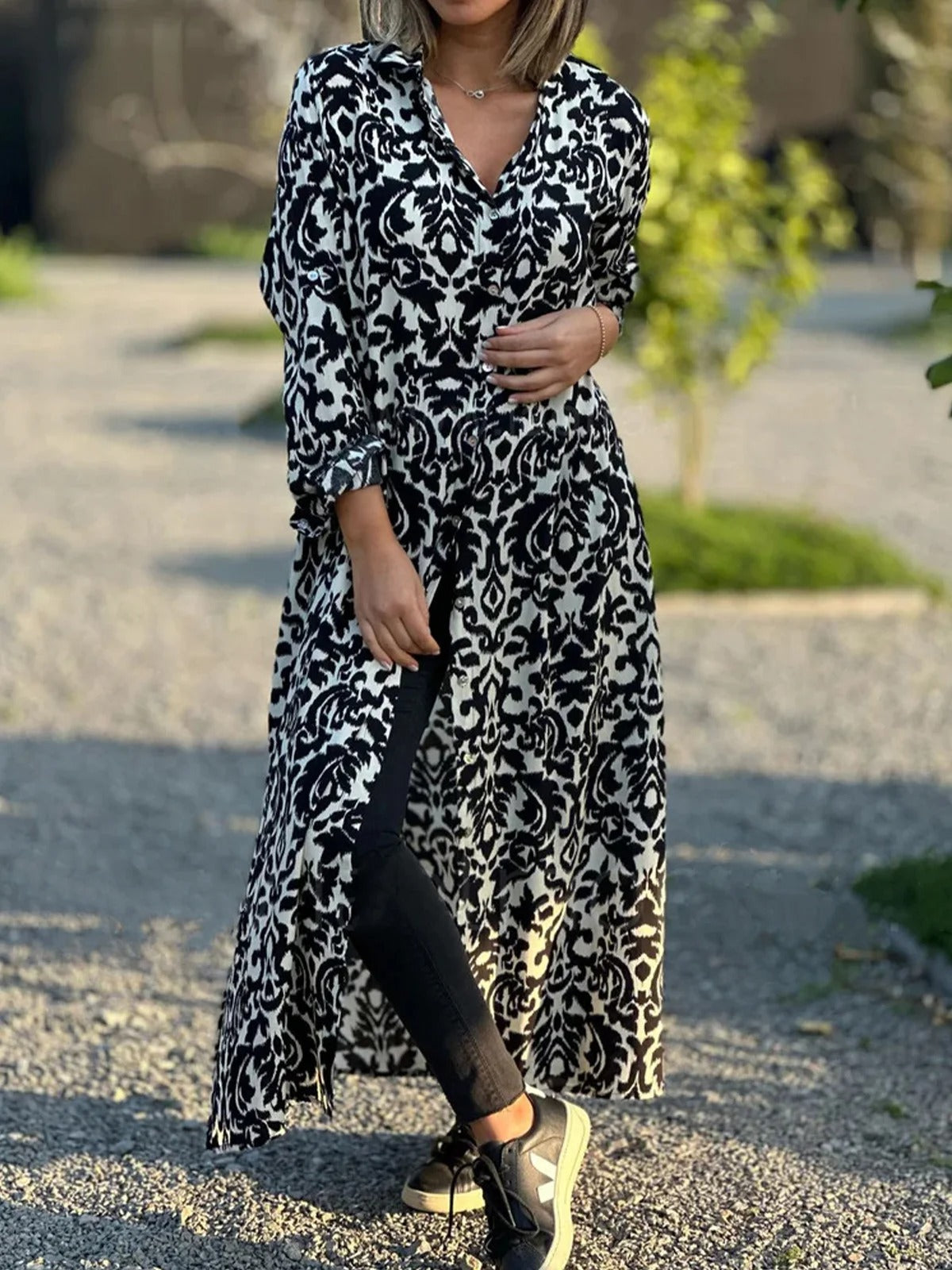 Ethnic Shirt Collar 3/4 Sleeves Comfy Maxi Dress