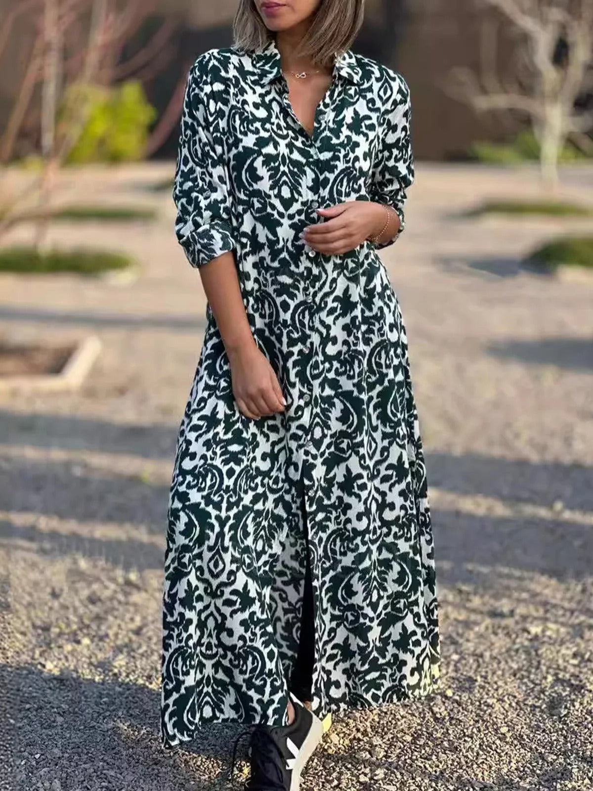 Ethnic Shirt Collar 3/4 Sleeves Comfy Maxi Dress