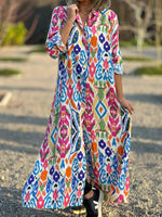 Ethnic Shirt Collar 3/4 Sleeves Comfy Maxi Dress