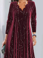 Geometric V-neck Long Sleeve Comfy Casual Buckle Maxi Dress