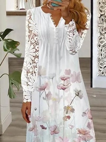 Maxikleid mit floraler Spitze, V-Ausschnitt, langen Ärmeln und lockerem Schnitt