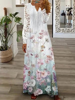 Maxikleid mit floraler Spitze, V-Ausschnitt, langen Ärmeln und lockerem Schnitt