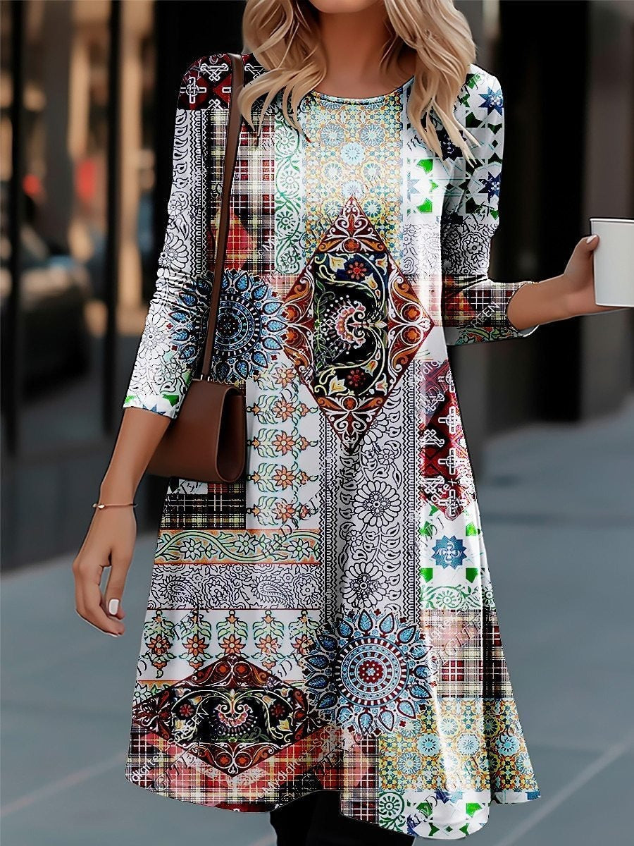 Ethnic Crew Neck Long Sleeve Comfy Mini Dress