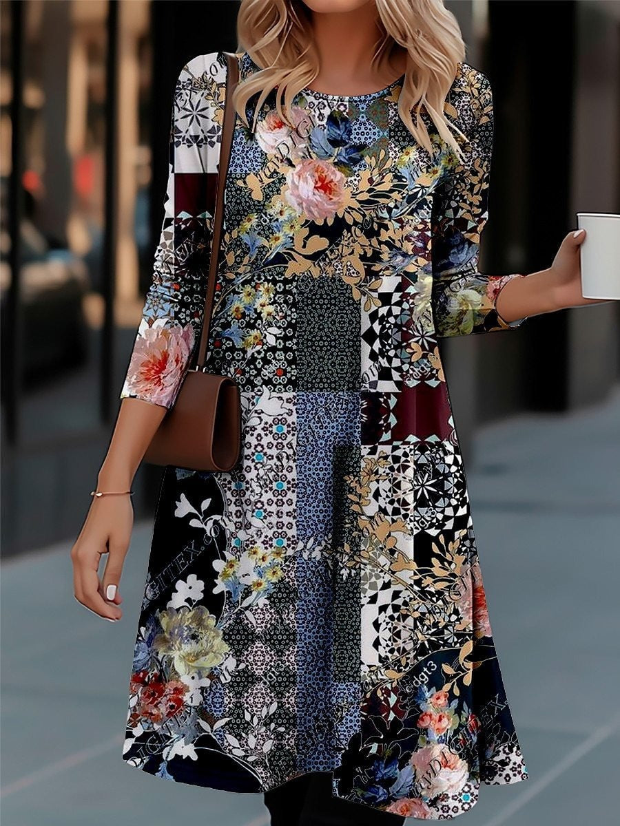 Ethnic Crew Neck Long Sleeve Comfy Mini Dress