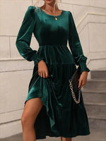 Plain Elegant Crew Neck Long Sleeve A-line Velvet Party Midi Dress