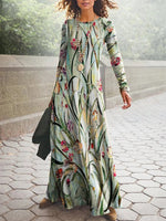 Floral Print Crew Neck Long Sleeve Regular Fit Maxi Dress