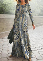 Vintage Paisley Crew Neck Long Sleeve A-line Lightweight Maxi Dress