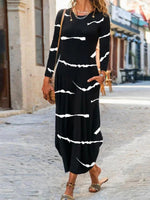 Casual Stripe Print Crew Neck Long Sleeve H-line Lightweight Daily Maxi Dress