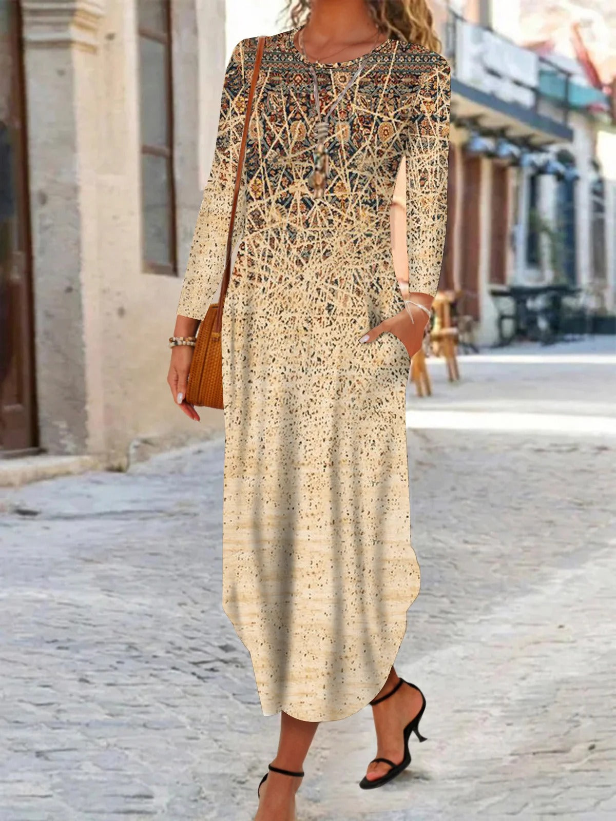 Ethnic Crew Neck Long Sleeve H-line Micro-elasticity Loose Daily Maxi Dress