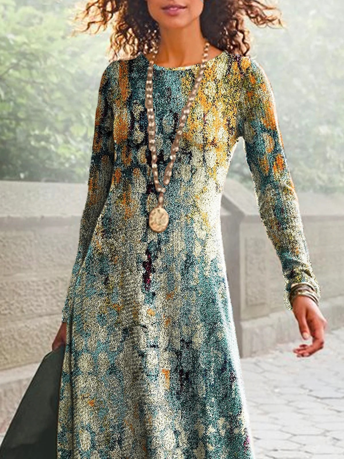 Vintage Abstract Print Crew Neck Long Sleeve Lightweight Micro-elasticity Loose Maxi Dress