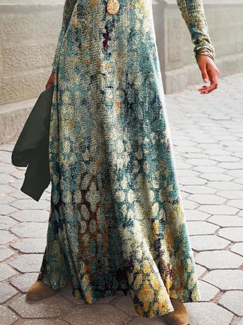 Vintage Abstract Print Crew Neck Long Sleeve Lightweight Micro-elasticity Loose Maxi Dress