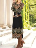 Long Sleeve Spring Fall Ethnic Dress Crew Neck Maxi H-Line T-Shirt Dress