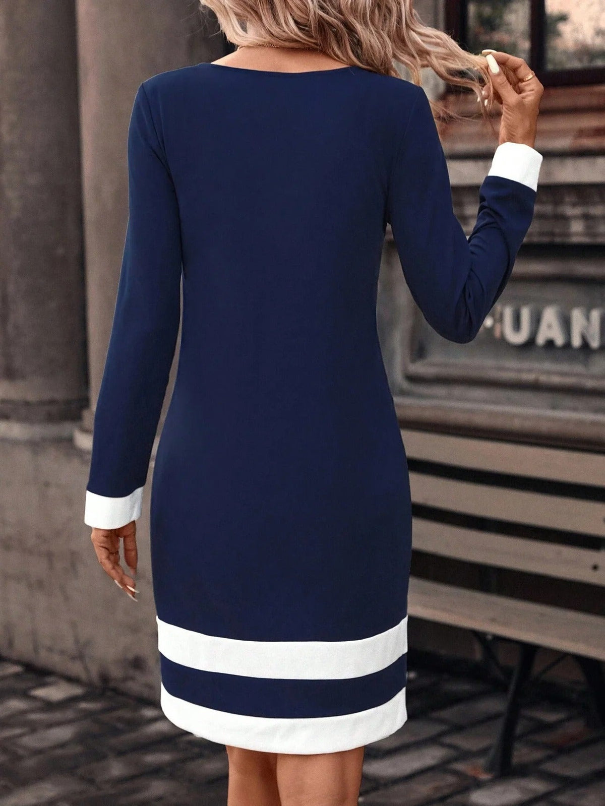Long Sleeve Spring Fall Contrast Stitching Knitted Crew Neck Midi H-Line T-Shirt Dress