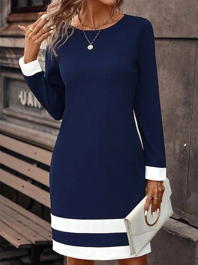 Long Sleeve Spring Fall Contrast Stitching Knitted Crew Neck Midi H-Line T-Shirt Dress