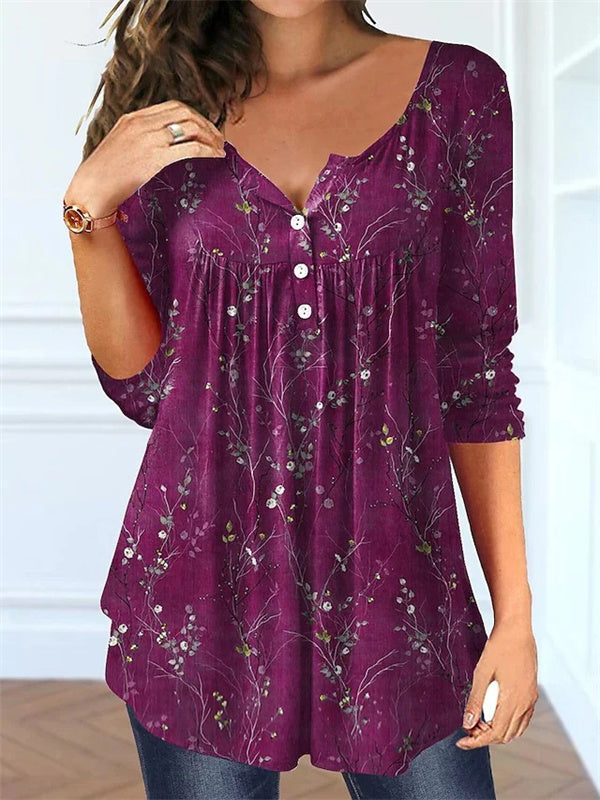 Floral Print Crew Neck Long Sleeve Blouse