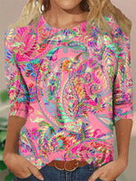 Ethnic Print Crew Neck 3/4 Sleeves Casual T-shirt