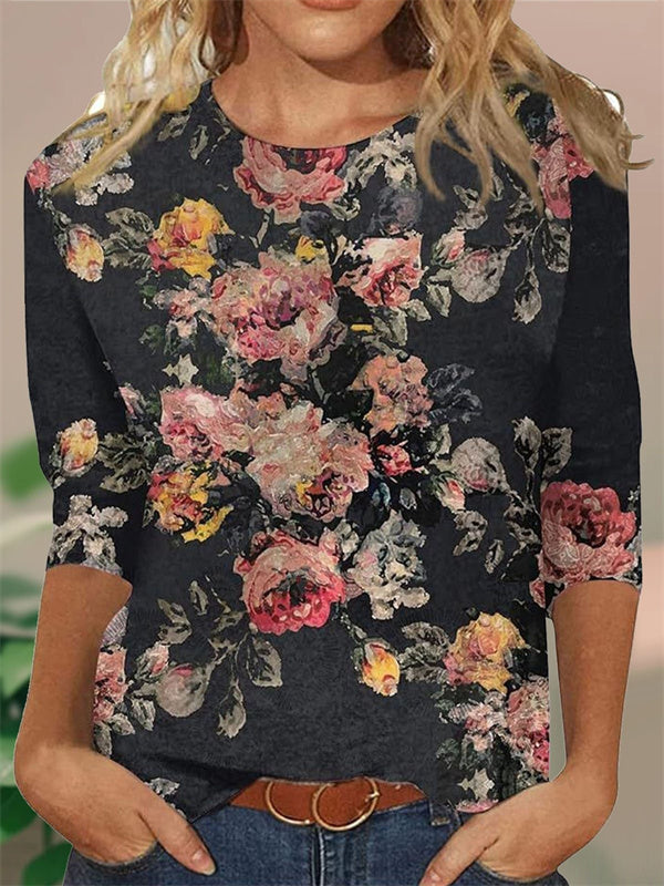 Ethnic Print Crew Neck 3/4 Sleeves Casual T-shirt