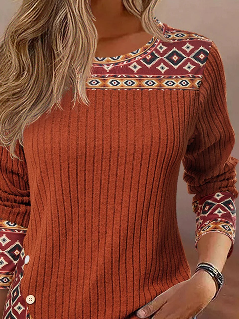 Ethnic Print Crew Neck Long Sleeve Casual T-shirt