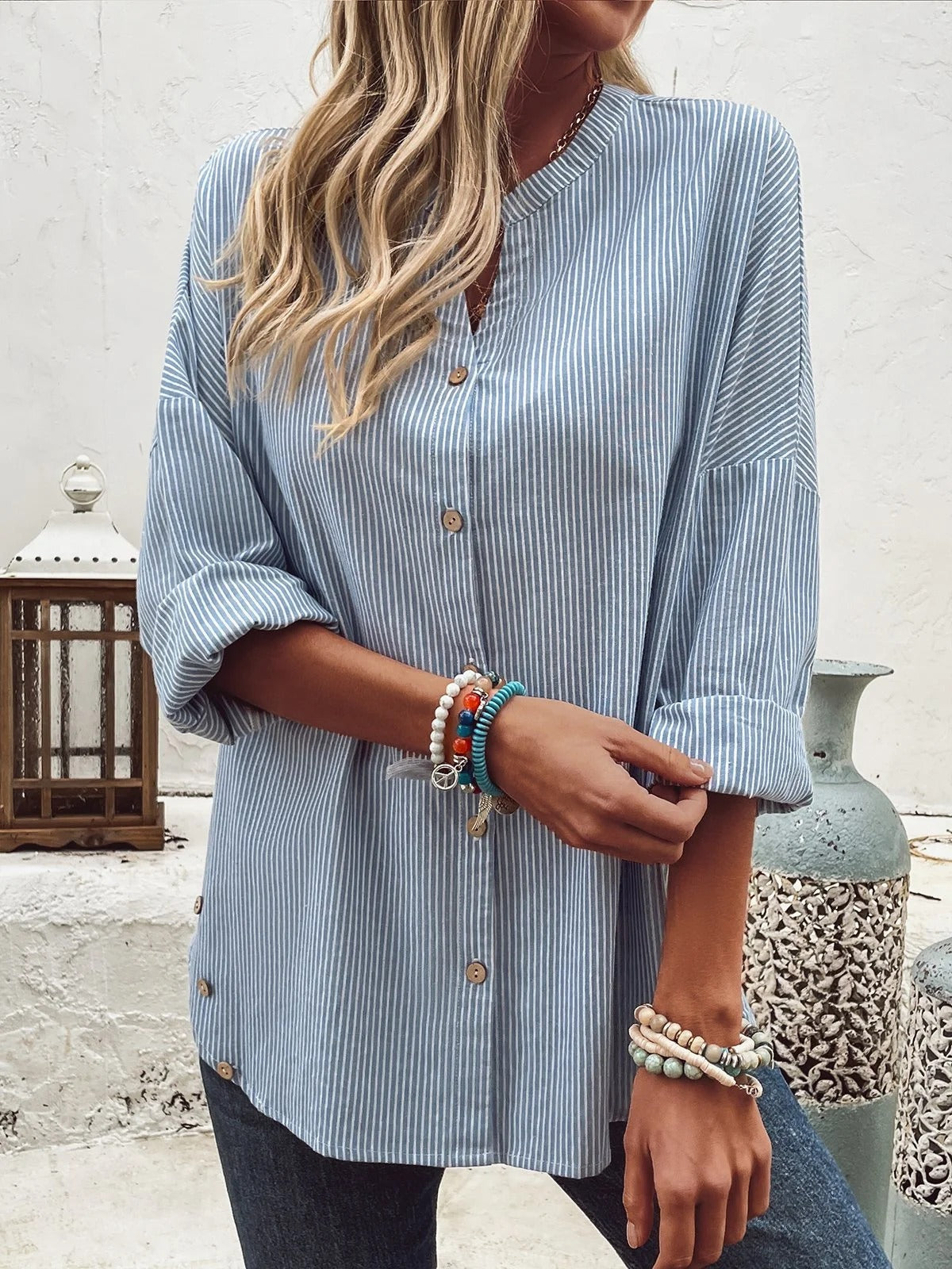 Striped Shirt Collar Long Sleeve Loose Blouse