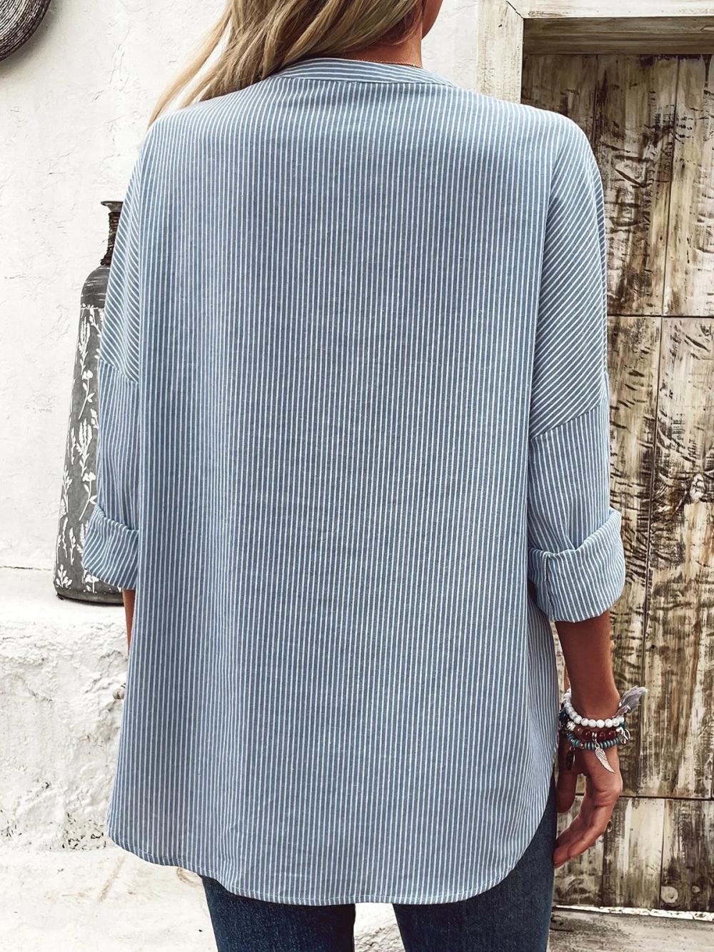 Striped Shirt Collar Long Sleeve Loose Blouse